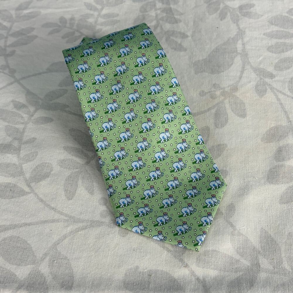 Vineyard Vines Republican Elephant Tie Green Uncle Sam Hat 100% Silk NWT